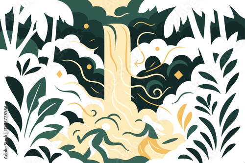 Misty Jungle Waterfall. Misty falls. Dense jungle trees frame a tall glowing waterfall, abstract curved lines illustrate drifting mist and flowing air. Calm,