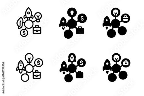 Startup Logo Variations. Investing in startups. Set Logo of incubator hub: central circle with connecting startup icons. harmonious logo variations of the same