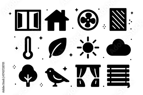 Healthy Home Icons. Healthy homes. Solid icons set of Healthy homes: open window, house, fan, air filter, thermometer, leaf, sun, cloud, tree, bird, curtains,
