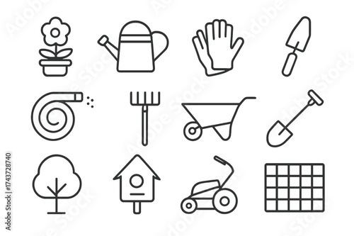 Gardening Icon Set. Gardening and outdoors. Line icon set of gardening and outdoors: flower pot, watering can, garden gloves, trowel, hose, rake, wheelbarrow,