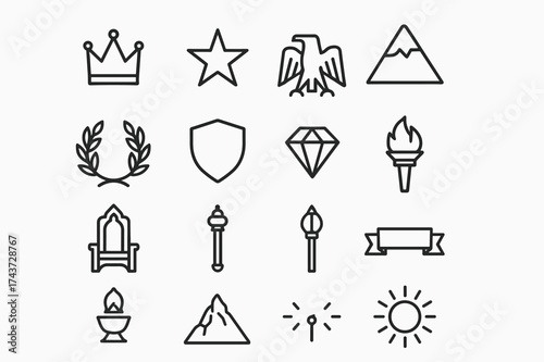 Paramount Icons Collection. Paramount. Line outline icon set of Paramount: crown, star, mountain peak, laurel