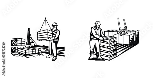 Minimalist line art sketch of a dock worker black silhouette style vector art design