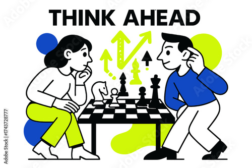 Strategic Chess Showdown. Game Strategy. Two abstract players facing chessboard with glowing floating arrows