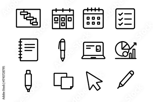 Project Management Icons. Project management tools. Line icon set of project management tools: Gantt chart, kanban board, calendar, checklist, notebook, pen,