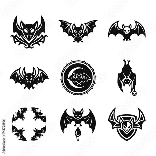 Halloween icon set of vampire bats, gothic, spooky isolated logos twitch emotes transparent background