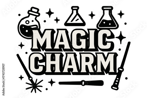 Magic Charm Typography. Magic Charm ? Bold Block Lettering, stacked uppercase with chunky geometric serifs, heavy outlines and flat 3D shading, framed with