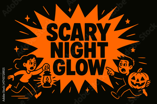 Scary Night Glow. ScaryNightGlow banner, flat vector illustration, bold oversized text inside splash explosion shape, cartoon characters running and pointing