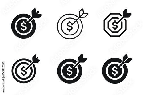 Startup Success Logos. Investing in startups. Set Logo of dartboard success: dart hitting target with financial symbol. harmonious logo variations of the same
