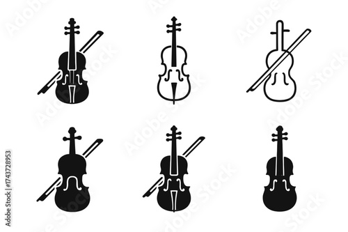 Harmonious Violin Logos. Musician. Set Logo of Music: violin with bow. harmonious logo variations of the same emblematic concept, each with different artistic