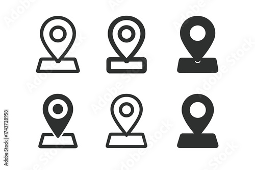 Creative Logo Variations. Address label. Set Logo of location pin: pin marker with label bar integrated. harmonious logo variations of the same emblematic