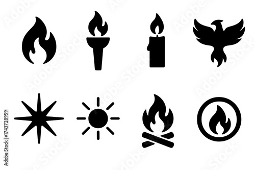 Fireburst Icon Set. Fireburst. Filled icon set of Fireburst: flame, torch, candle, phoenix, radiant star, sun
