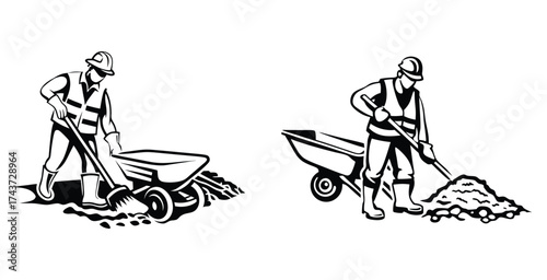 Minimalist line art sketch of a gravel spreader operating black silhouette style vector art design