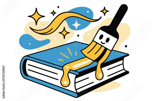 Gleaming Book Binding. Glue binding. A brush applying glowing adhesive to a book spine, abstract sparkles and curves floating above showing neatness and flow.