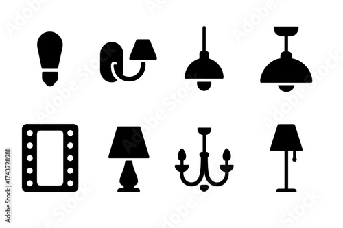 Vanity Lighting Icon Set. Vanity Lighting. Filled icon set of Vanity Lighting: vanity light bulb, wall sconce,
