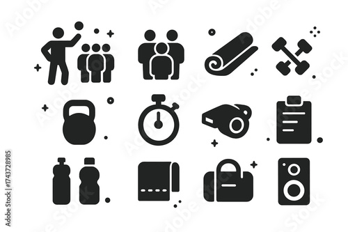 Group Fitness Icons. Group Fitness. Solid icons set of Group Fitness: instructor figure, group of people, yoga mat, dumbbell, kettlebell, stopwatch, whistle,