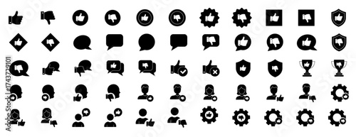 Feedback and review icons set, like, dislike, thumb up, user, comment, social media, customer rating, approval, shield, trophy, gear symbols, fill vector illustration