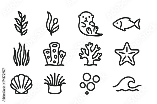 Kelp Forest Icons. Kelp forest. Line outline icon set of kelp forest: kelp strand, floating bulb, sea otter,