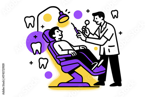 Modern Dental Illustration. Dental Exam. A glowing dentist chair with tools and abstract floating tooth icons around symbolizing oral health. Modern flat-line