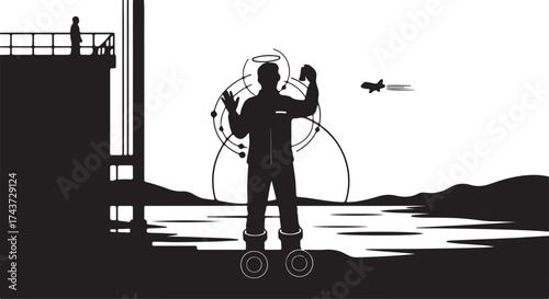 Silhouette of a lone figure standing on a platform overlooking a vast body of water with abstract circular designs in the background and a small bird flying nearby