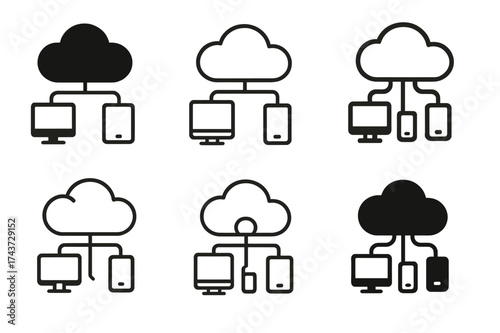 Harmony of Digital Learning. Students using laptops and tablets in classrooms. Set Logo of knowledge cloud: devices connected with digital cloud. harmonious