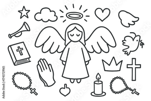 Angel Doodle Elements. Angel. Hand-drawn doodle illustration angel wings, halo, star, heart, cloud, trumpet, bible, praying hands, dove, crown, rays of light,
