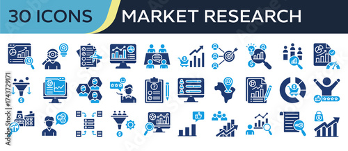 Collection of Market Research icons, related to Market Analysis, Consumer Insight, Focus Group, Market Trends, Competitor Analysis and more. Solid icons vector illustation.