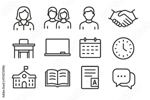 Parent-Teacher Icon Set. Parent-teacher meeting. Line outline icon set of parent-teacher meeting: teacher,