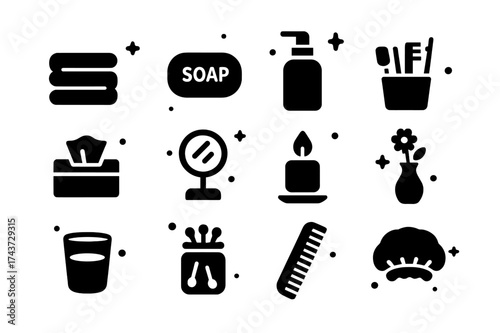 Guest Bathroom Icons. Guest Bathroom. Solid icons set of Guest Bathroom: towel stack, soap bar, hand lotion bottle, toothbrush holder, tissue box, small