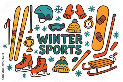 Winter Sports Doodle. Winter Sports. Hand-drawn doodle illustration of Winter Sports. Skis, ski poles,