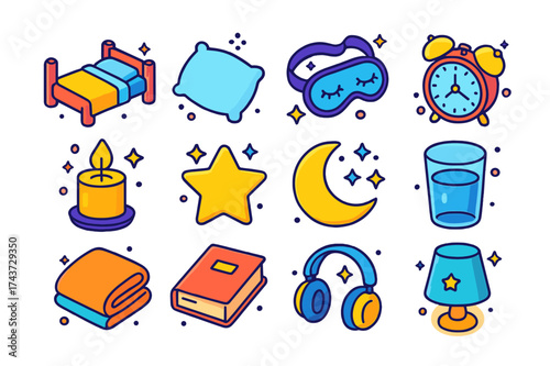 Colorful Sleep Icons. Sleep Hygiene. Colorful isometric vector icons set of sleep hygiene: bed, pillow, sleep mask, alarm clock, candle, star, moon, glass of