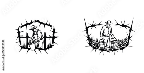 Minimalist line art sketch of a rural working people black silhouette style vector art design