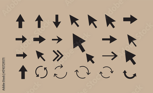 Collection of diverse arrow and cursor icons on a textured background