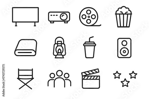 Movie Night Icons. Movie night setup. Line icon set of Movie night setup: screen, projector, film reel, popcorn bucket, blanket, lantern, soda cup, speaker,