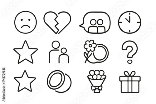 Romantic Icon Set. Romantic pressures. Line icon set of romantic pressures: sad face, broken heart, gossip bubble, clock, star, parent figure, wedding rings,