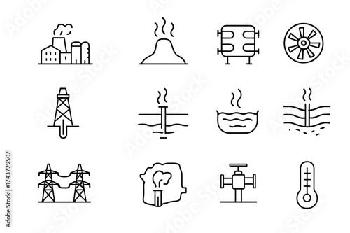 Geothermal Energy Icons. Geothermal Energy. Line icon set of Geothermal Energy: geothermal plant, steam vent, heat exchanger, turbine, drilling rig,