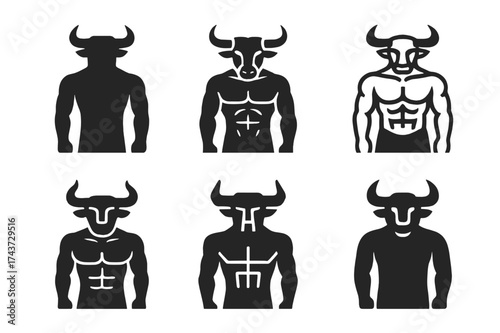 Minotaur Logo Variations. A mythical creature blending human and animal features. Set Logo of minotaur: human body with bull head. harmonious logo variations