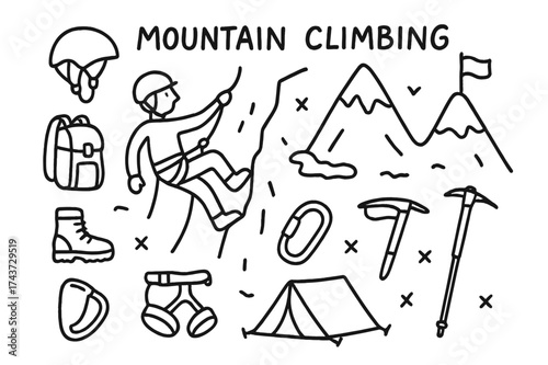 Mountain Climbing Essentials. Mountain Climbing. Hand-drawn doodle illustration mountain climbing cliff edge, mountain peak, rope, helmet, backpack, climbing