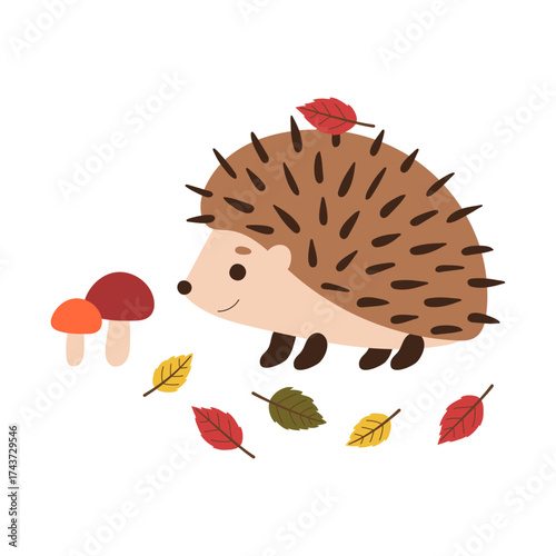 Hedgehog with mushroom and autumn leaves. Cute cartoon vector character illustration isolated on background