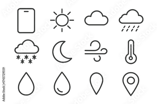 Weather App Icons. Weather app. Line icon set of weather app: smartphone, sun, cloud, rain, snowflake, moon, wind swirl, thermometer, droplet, location pin.