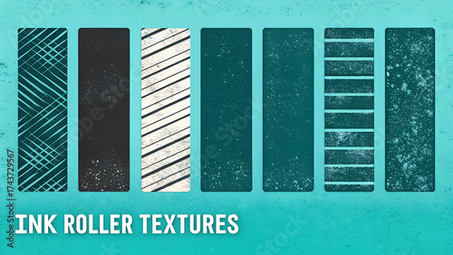 Linocut stamp texture collection. Grunge urban backgrounds set. Rough black ink roller textures. Hand drawn black paint stamp on bright blue bg. Street art distress overlay. Lino ink grungy remains.