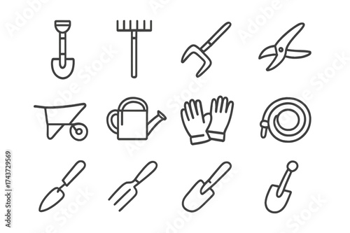 Garden Tools Icons. Garden tools. Line icon set of garden tools: shovel, rake, hoe, pruning shears, wheelbarrow, watering can, gloves, hose, trowel, spade. All