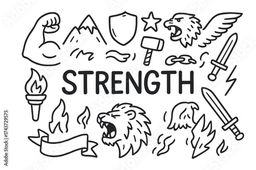 Doodle Icons of Strength. Strength. Hand-drawn doodle illustration of Strength. flexed arm, mountain, hammer,