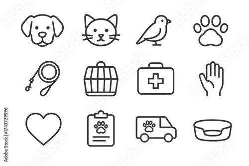 Animal Rescue Icons. Animal Rescue. Line icon set of Animal Rescue: dog, cat, bird, paw print, leash, cage, first aid kit, volunteer hand, heart, clipboard,