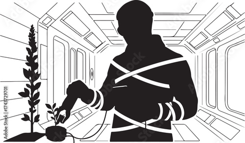 Silhouette of a person tending to a plant in a futuristic hallway symbolizing growth and development in a sterile environment