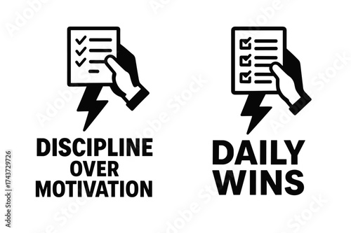 Discipline and Daily Wins. Motivation. Two vertical A6 banners with safe margins, centered composition, no elements touching edges, flat vector design, black