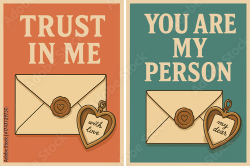 Retro Trust Banners. Confidant. Two vertical A6 banners, retro, coral and teal backgrounds, sealed envelope and locket with a handwritten note, first banner