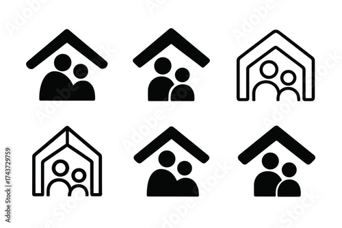 Caregivers Support Logos. Support for caregivers. Set Logo of shelter roof: house roof symbol with people underneath. harmonious logo variations of the same