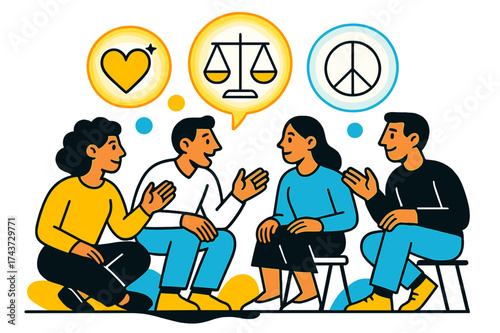 Thoughtful Community Gathering. Reflection in Community. A group gathered in discussion, glowing abstract thought bubbles filled with symbols of kindness,