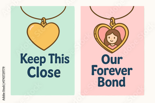 Heartfelt Keepsake Banners. Keepsake. Two vertical A6 banners, cartoon, pastel mint and pink backgrounds, heart-shaped locket opening to reveal a