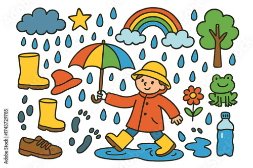 Colorful Rainy Day Doodles. Rainy Walk. Colorful Hand-drawn doodle Children illustration umbrella, rain boots, puddle, raindrop, shoes, footprints, cloud,